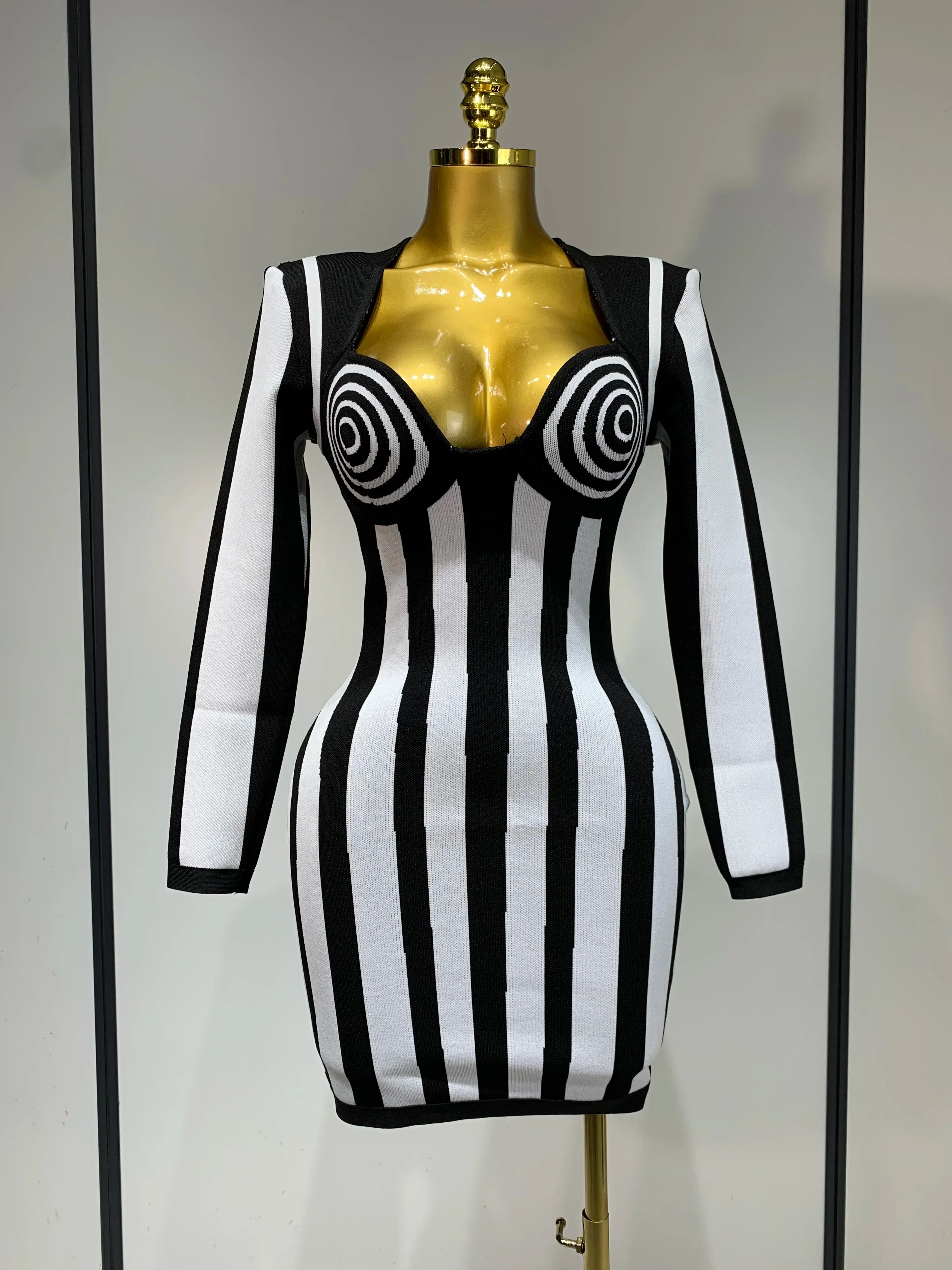 WomenLuxury Sexy Long Sleeve Stripe Black White Mini Bandage Dress  Knitted Celebrity Elegant Evening Club Birthday Dresses