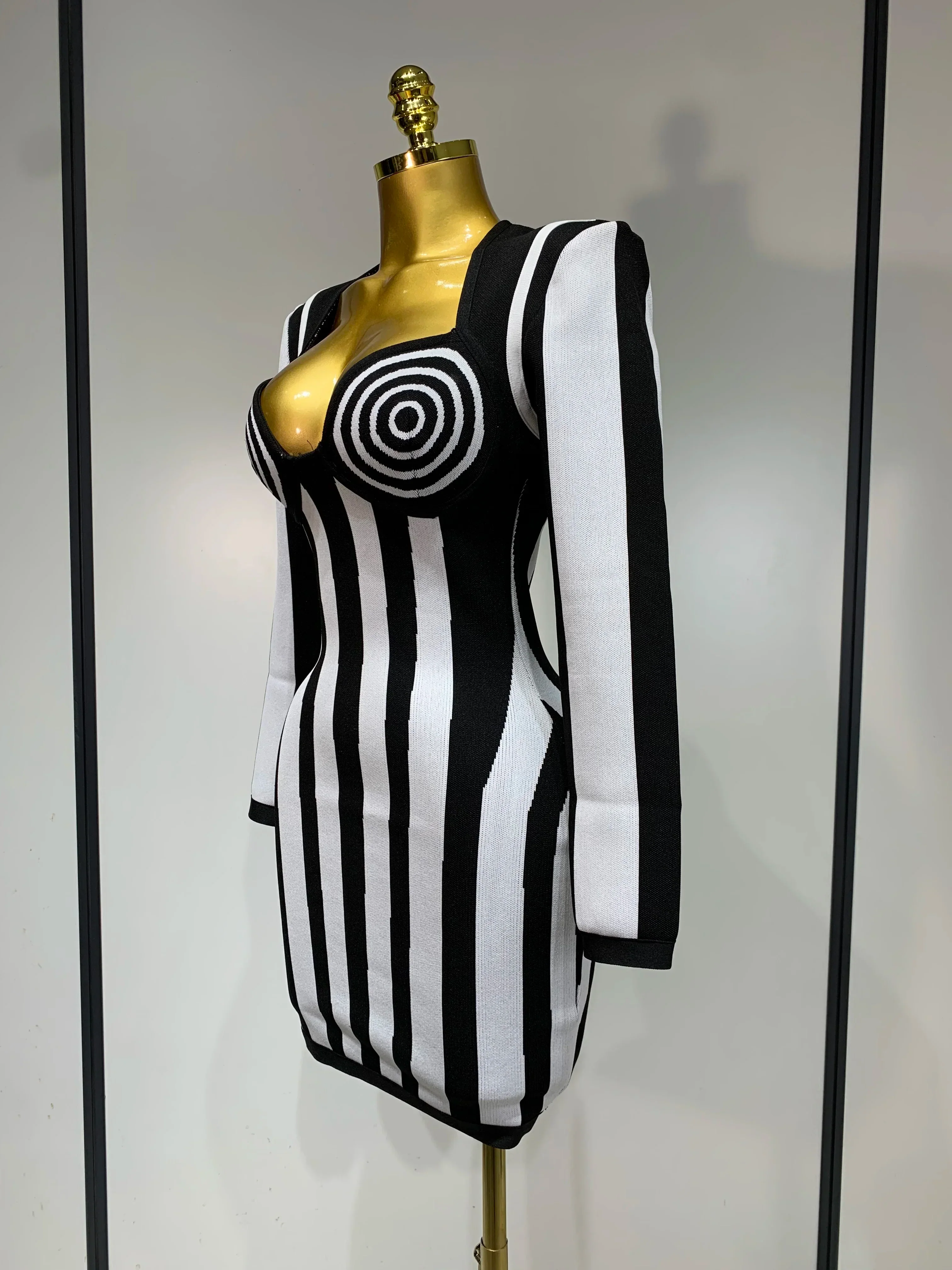 WomenLuxury Sexy Long Sleeve Stripe Black White Mini Bandage Dress  Knitted Celebrity Elegant Evening Club Birthday Dresses - Image 2