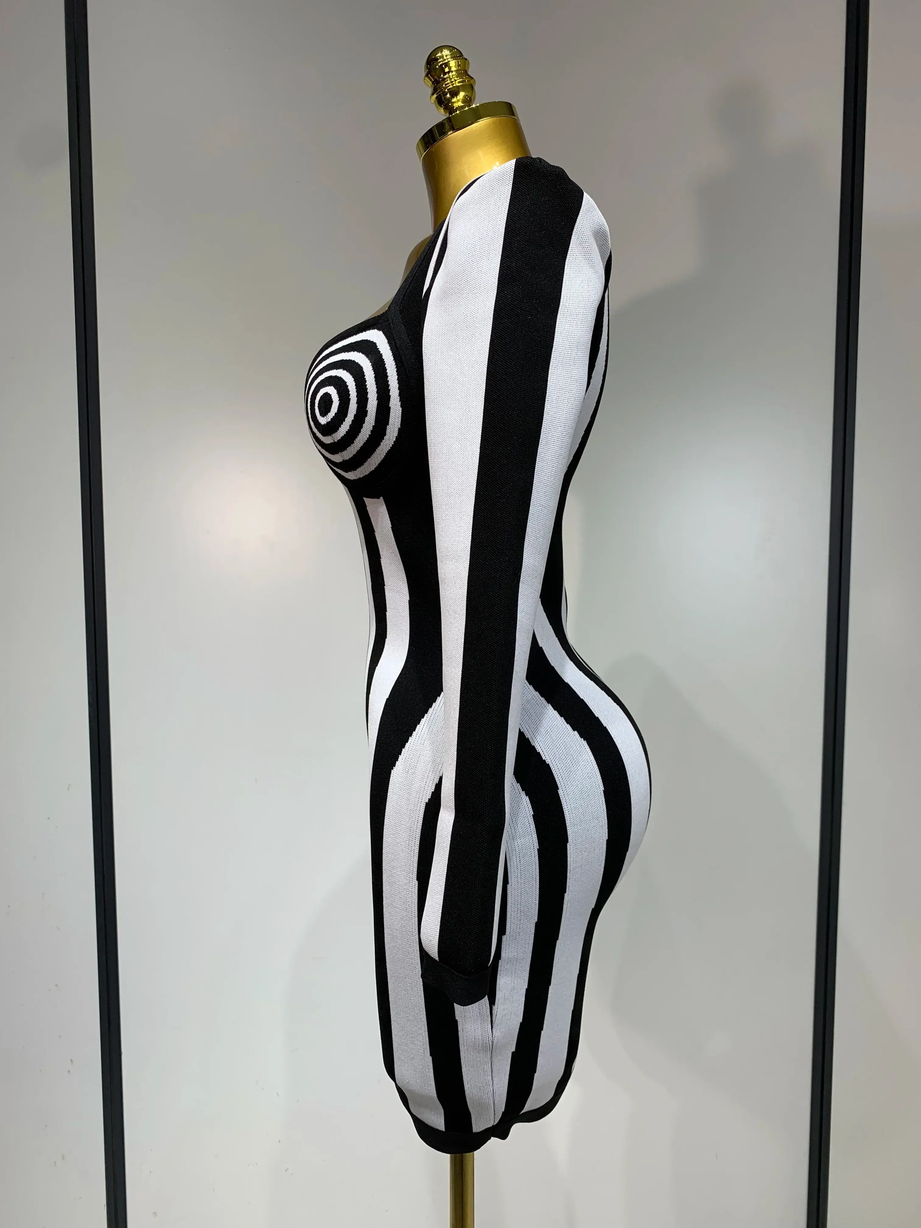 WomenLuxury Sexy Long Sleeve Stripe Black White Mini Bandage Dress  Knitted Celebrity Elegant Evening Club Birthday Dresses - Image 3