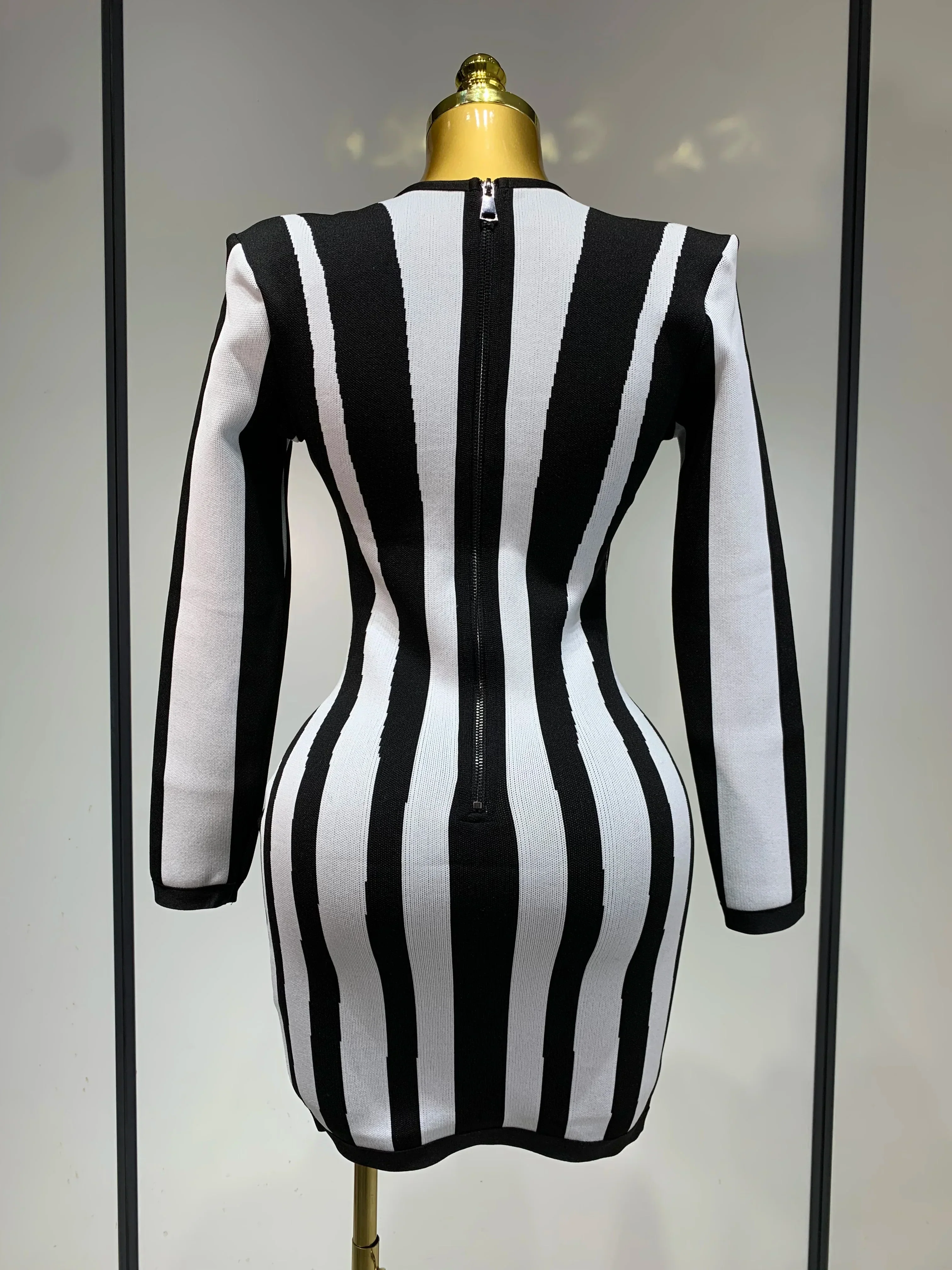WomenLuxury Sexy Long Sleeve Stripe Black White Mini Bandage Dress  Knitted Celebrity Elegant Evening Club Birthday Dresses - Image 4