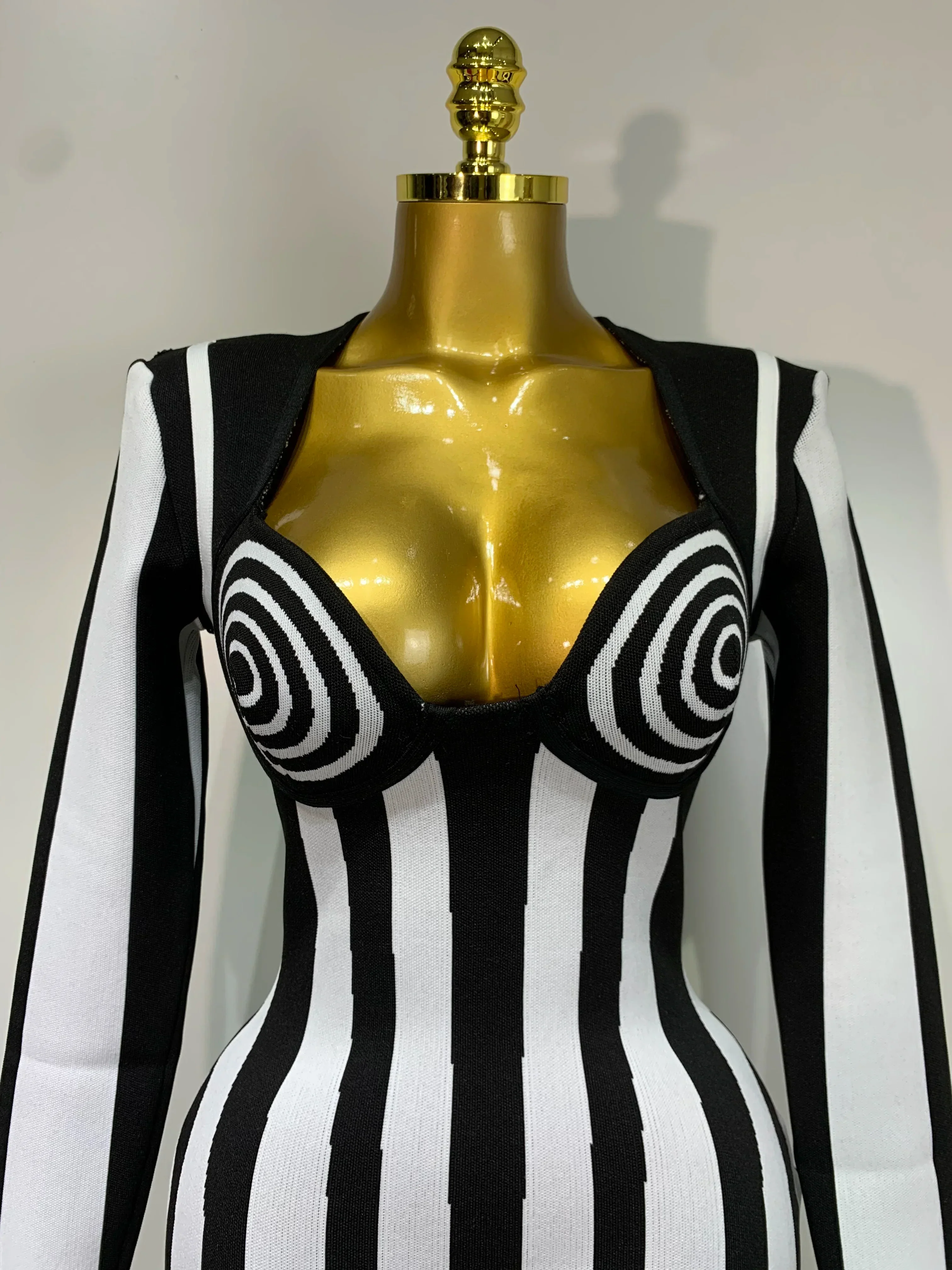 WomenLuxury Sexy Long Sleeve Stripe Black White Mini Bandage Dress  Knitted Celebrity Elegant Evening Club Birthday Dresses - Image 5