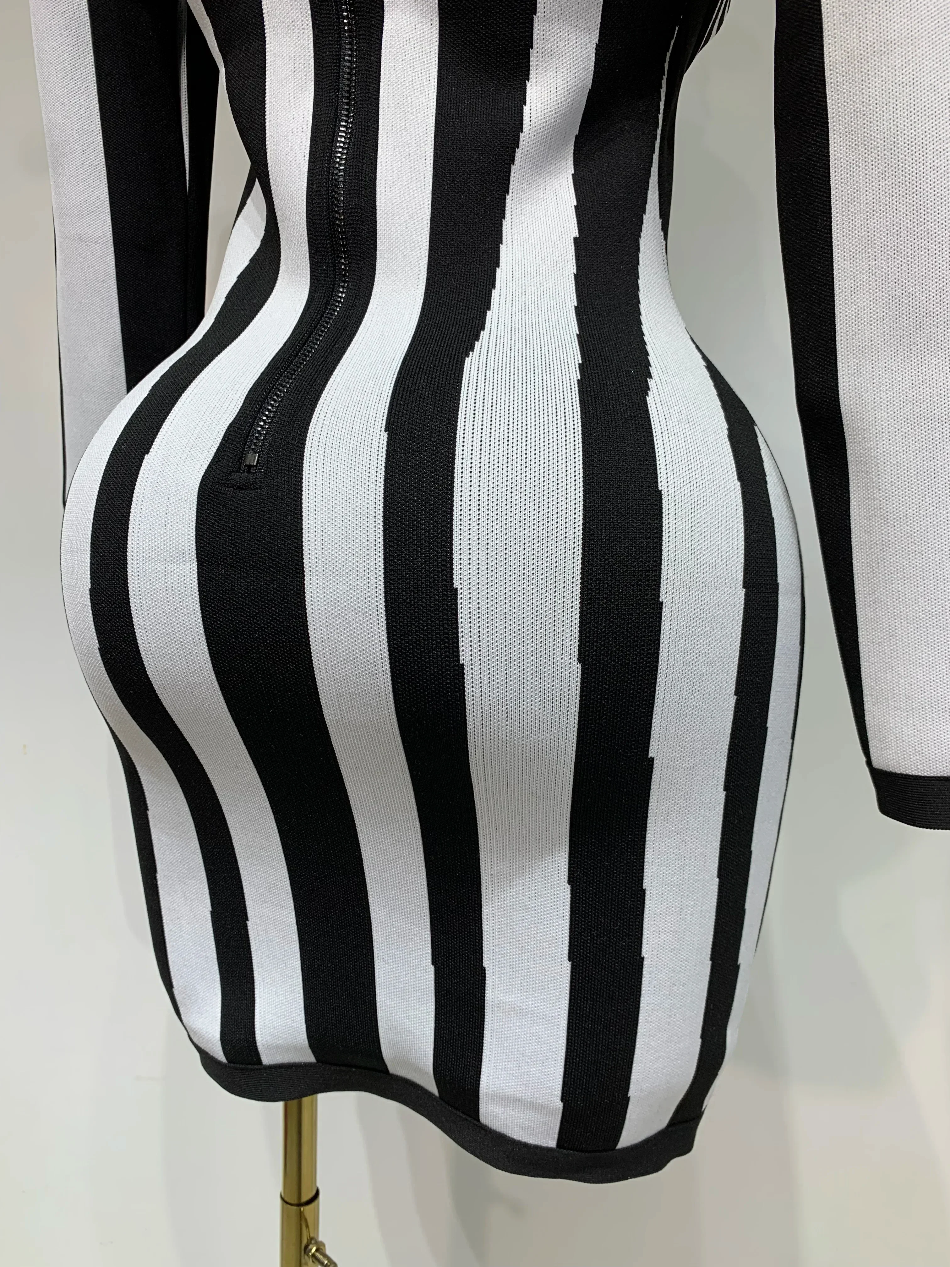 WomenLuxury Sexy Long Sleeve Stripe Black White Mini Bandage Dress  Knitted Celebrity Elegant Evening Club Birthday Dresses - Image 6