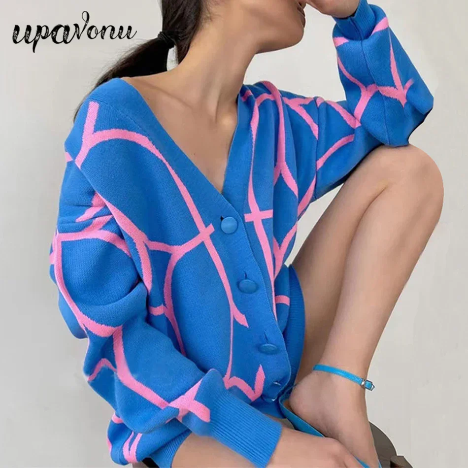 Women's Casual Oversized Cardigan Knitted Fall V-neck Lantern Long Sleeve Single-breasted Printed Knit
