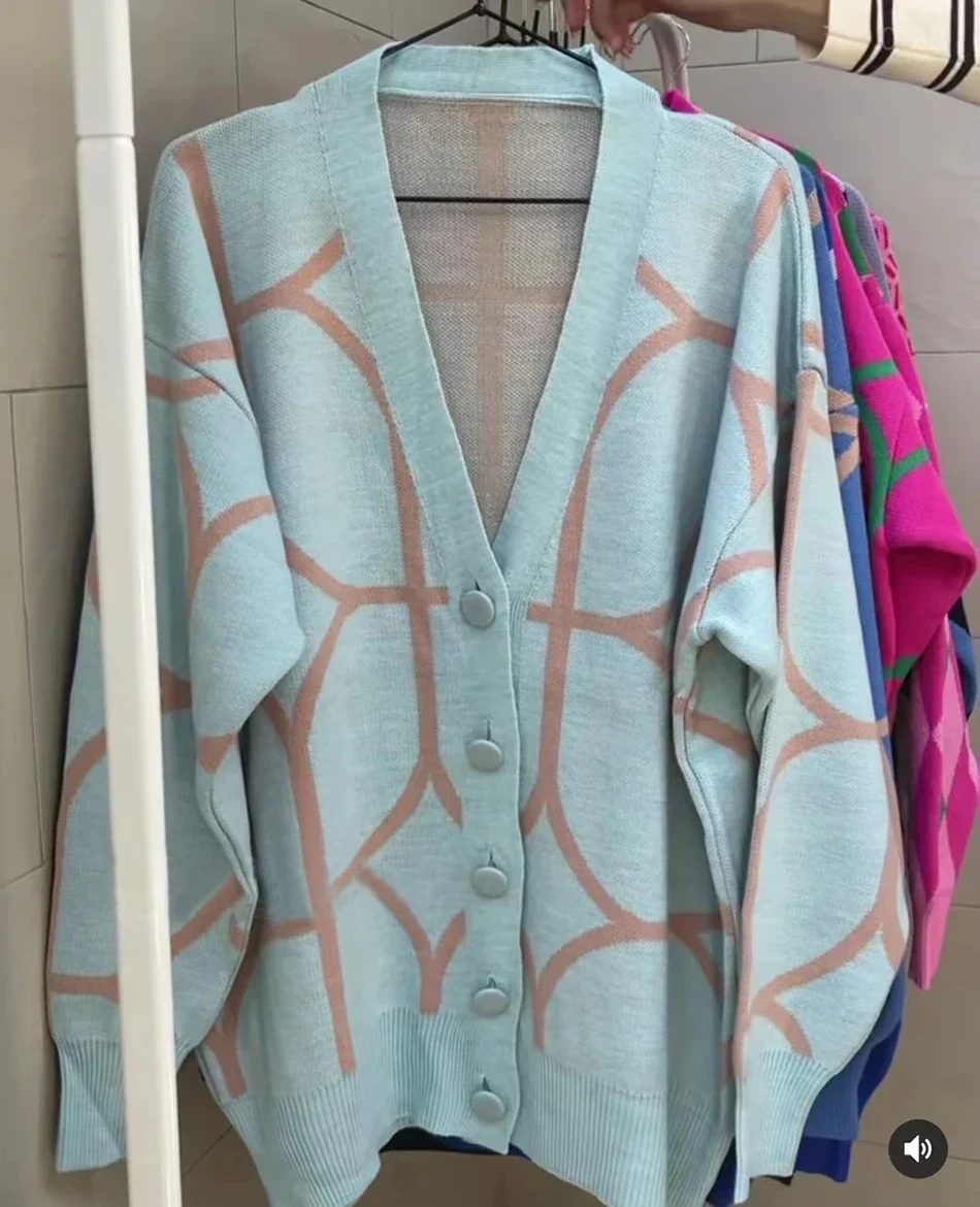 Women's Casual Oversized Cardigan Knitted Fall V-neck Lantern Long Sleeve Single-breasted Printed Knit - Image 10