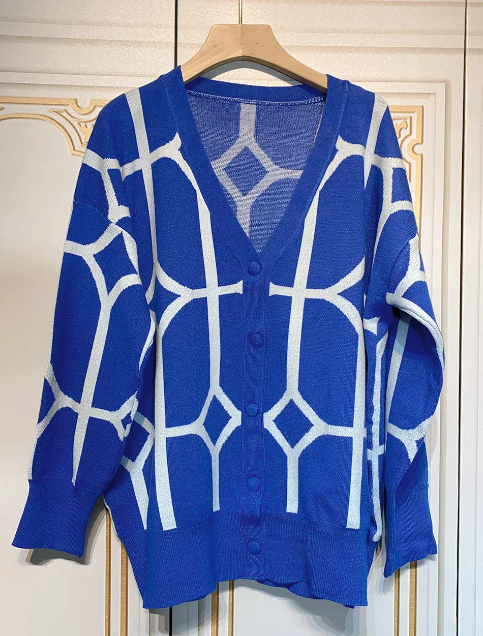 Women's Casual Oversized Cardigan Knitted Fall V-neck Lantern Long Sleeve Single-breasted Printed Knit - Image 5