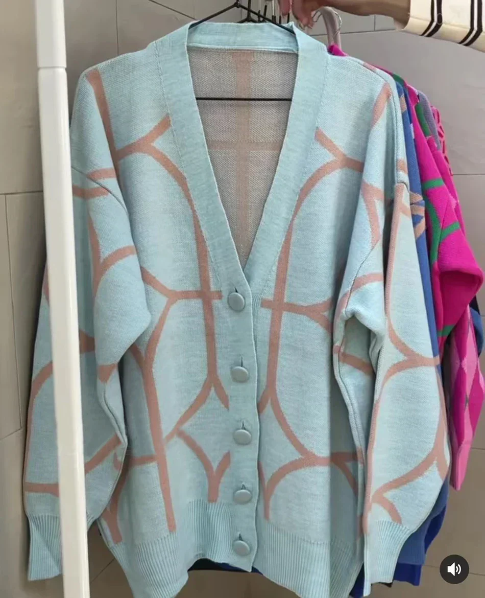 Women's Casual Oversized Cardigan Knitted Fall V-neck Lantern Long Sleeve Single-breasted Printed Knit - Image 6