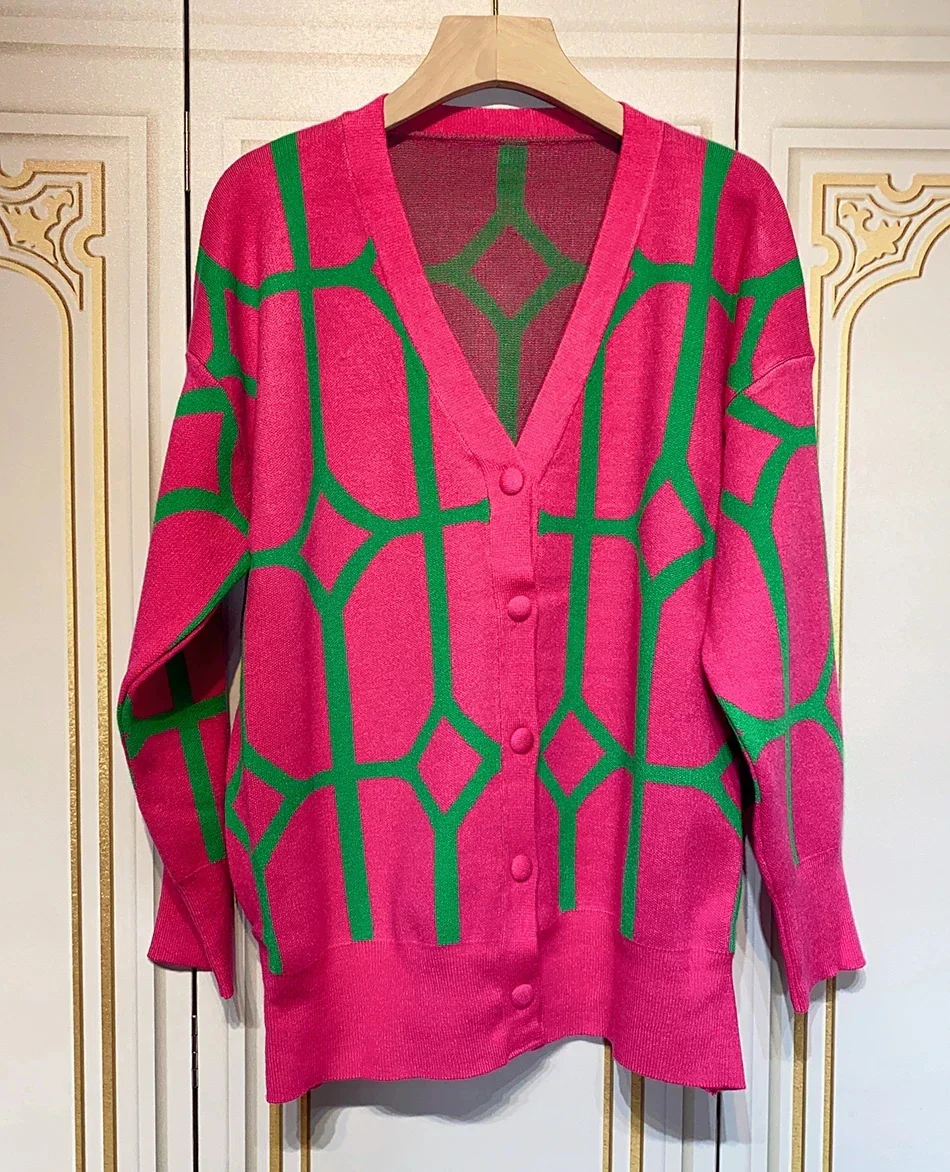Women's Casual Oversized Cardigan Knitted Fall V-neck Lantern Long Sleeve Single-breasted Printed Knit - Image 9
