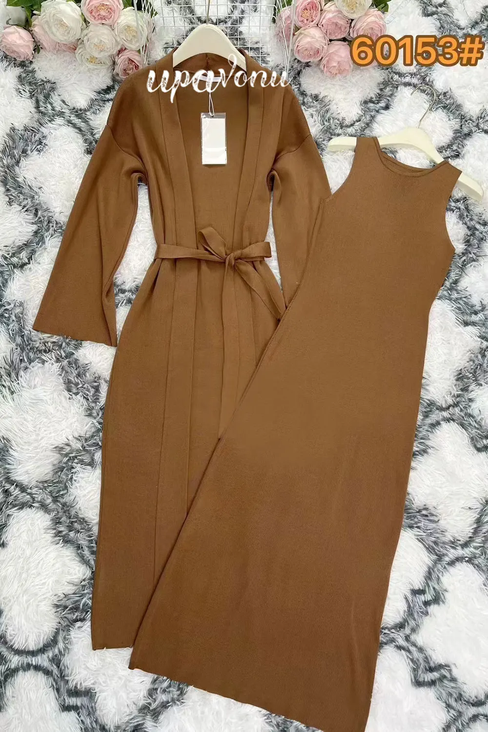 Women's Knitted Long Dress Sets with Polo Collar Long Sleeves Waistband Tie up Cardigan Long Coat+Sleeveless Dress Two Piece Set - Image 4