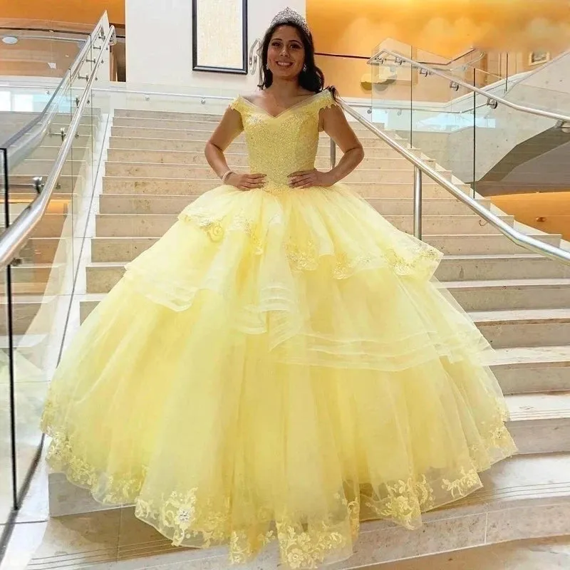 Yellow Ball Gown Quinceanera Dresses V-neck Sweet 16 Gowns Vestidos De 15 Anos Birthday Princess Party Gowns - Image 2