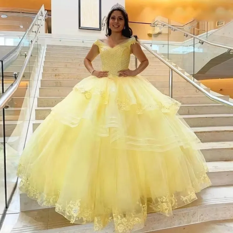 Yellow Ball Gown Quinceanera Dresses V-neck Sweet 16 Gowns Vestidos De 15 Anos Birthday Princess Party Gowns - Image 3