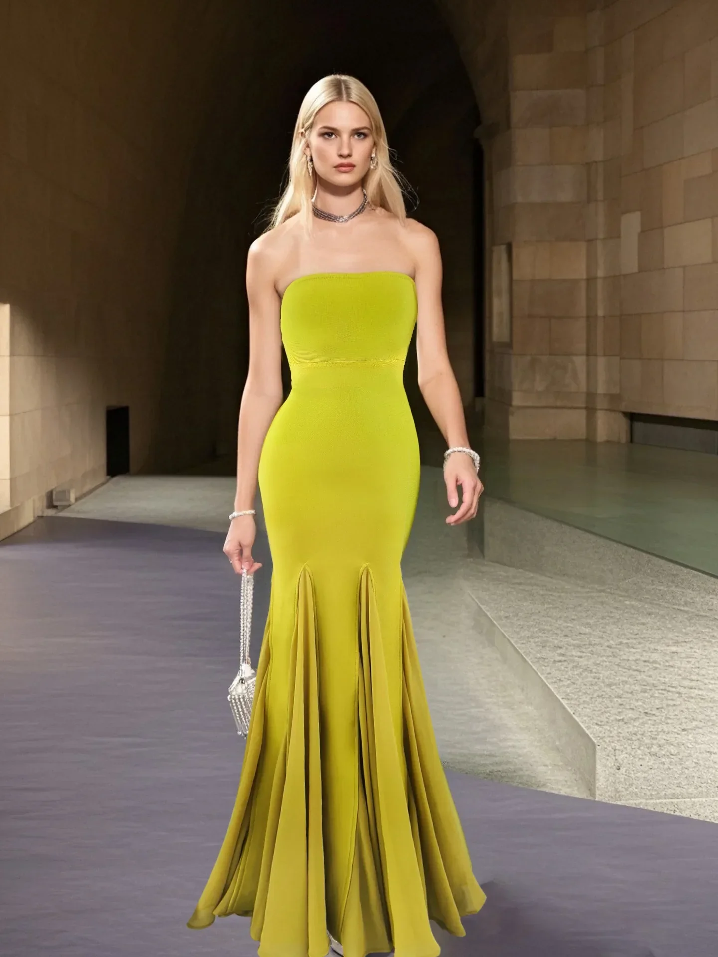 Yellow Color Women Sexy Strapless Bodycon Long Maxi Bandage Dress Celebrate Birthday Vacation Graduation Season Outfit - Image 6