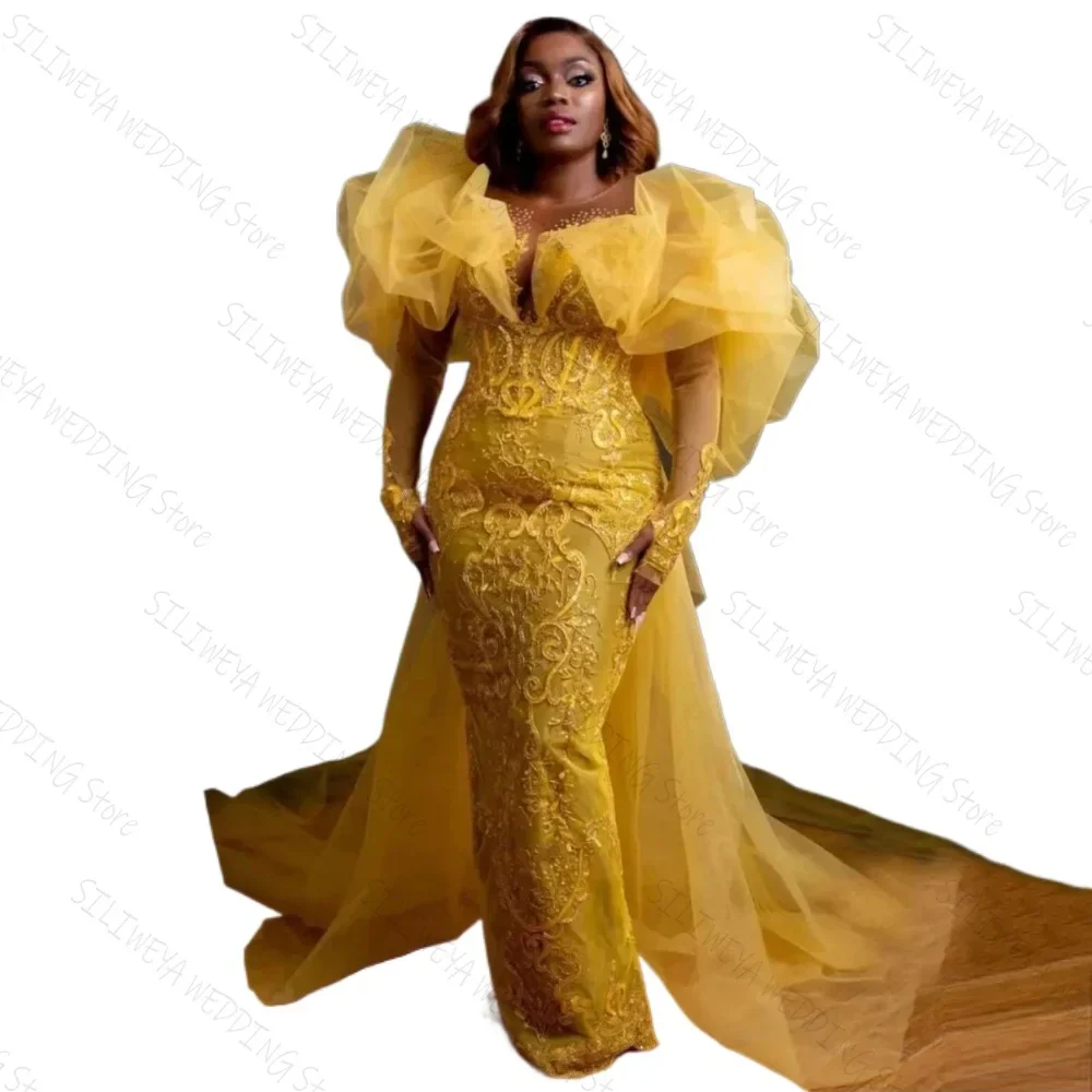 Yellow Lace Evening Dresses Aso Ebi Long Sleeves Mermaid African Plus Size Women Night Party Gowns - Image 2