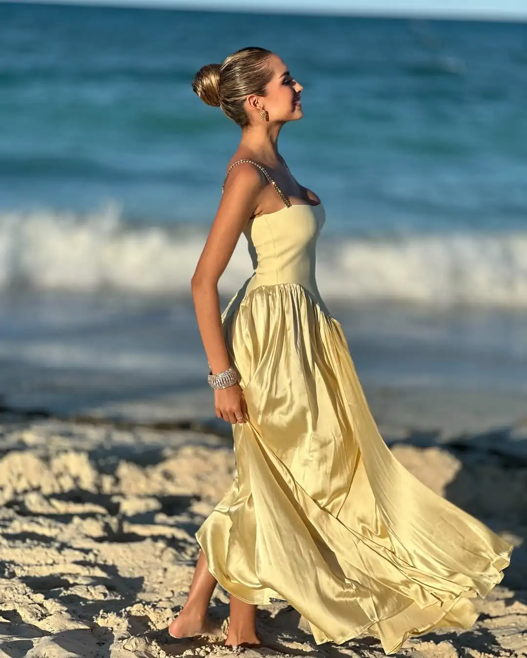 Yellow Women Sleeveless Sexy Strap Square Collar Long Bandage Maxi Dress Beach Style Celebrate Birthday Vacation Party Dress - Image 4